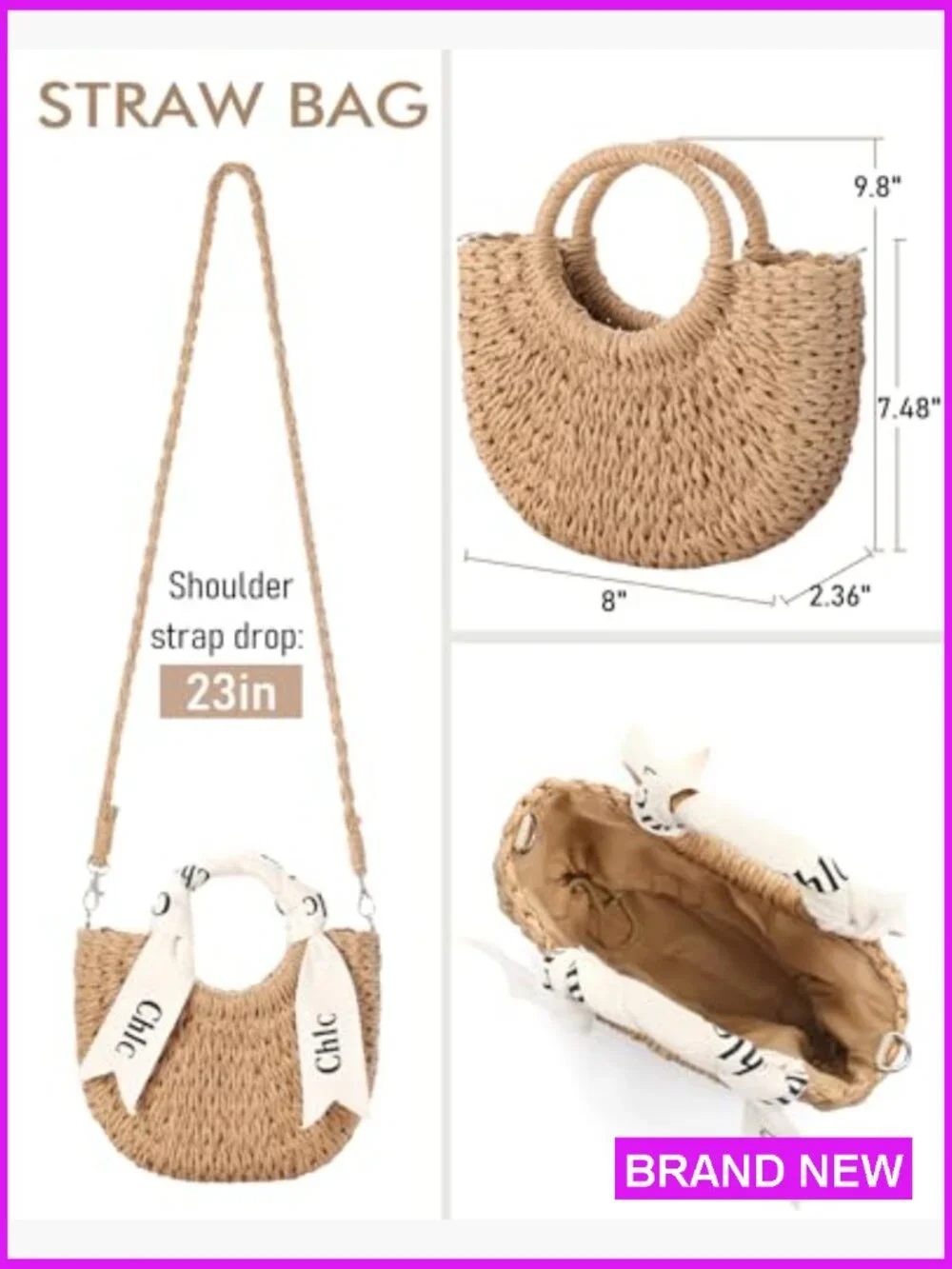 Woven Straw Crossbody Bag Hobo Shoulder Purse Summer Beach Vacation Y2K - Picture 5 of 7